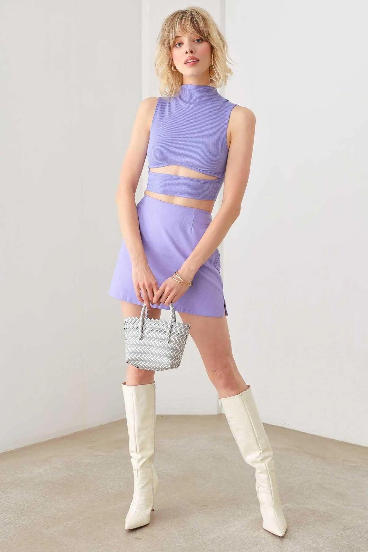 Ribbed Cut-Out Short Turtle Neck Sleeveless Crop Top - Tasha Apparel Wholesale