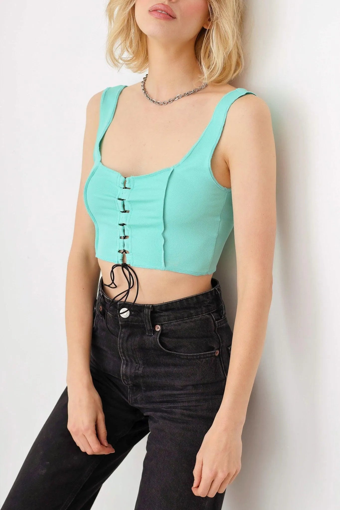 Solid Lace Up Sleeveless Round Neckline Crop Top - Tasha Apparel Wholesale