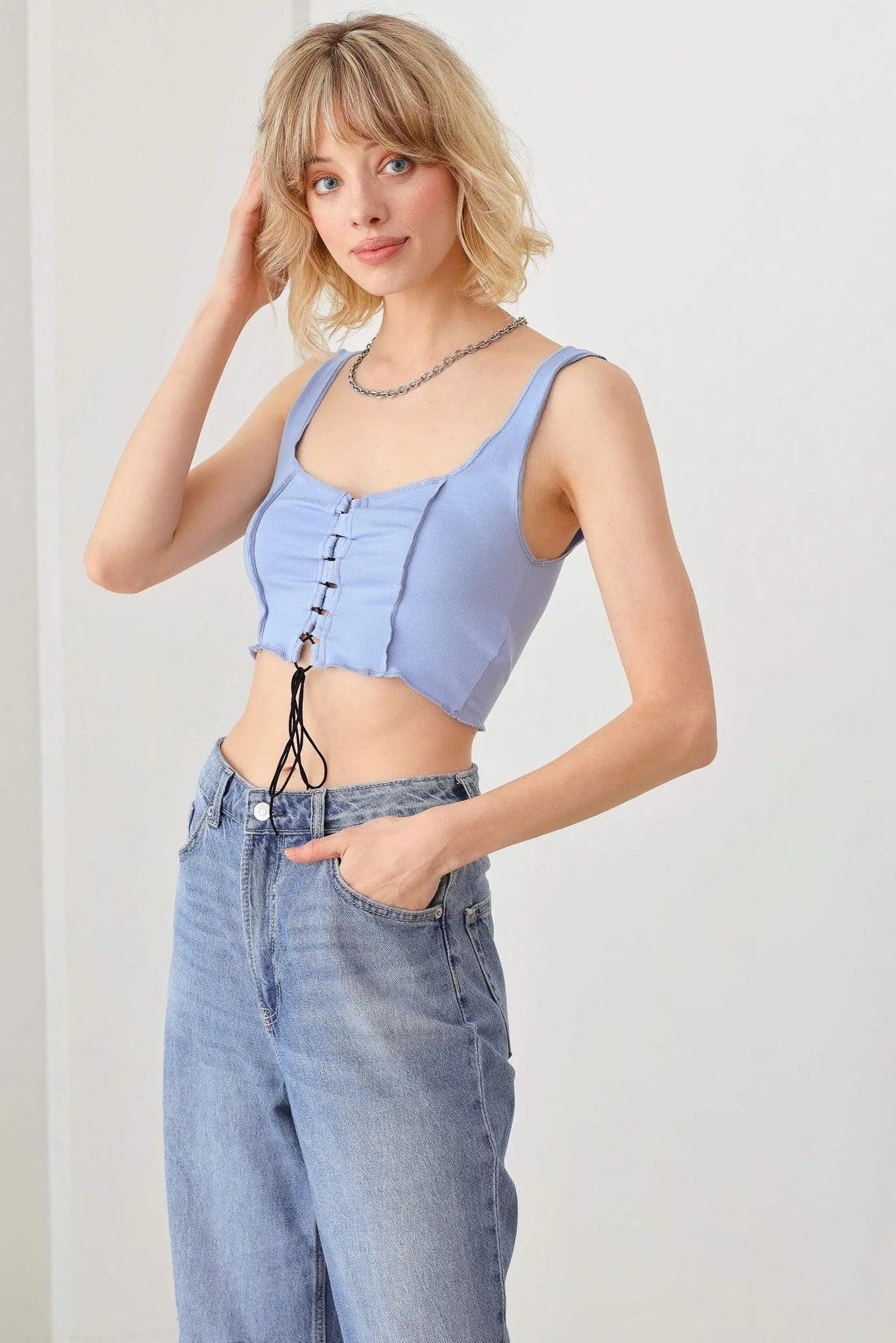 Solid Lace Up Sleeveless Round Neckline Crop Top - Tasha Apparel Wholesale
