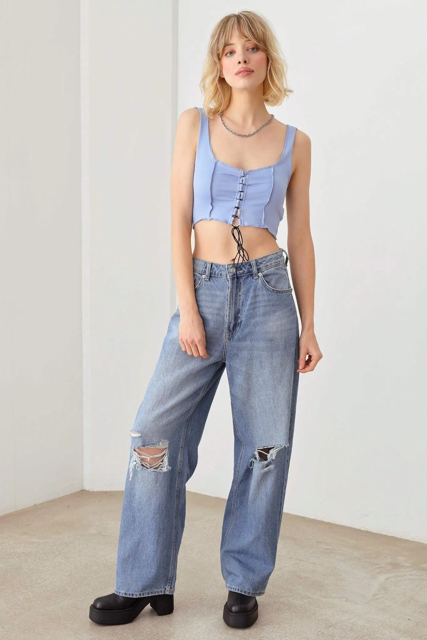 Solid Lace Up Sleeveless Round Neckline Crop Top - Tasha Apparel Wholesale