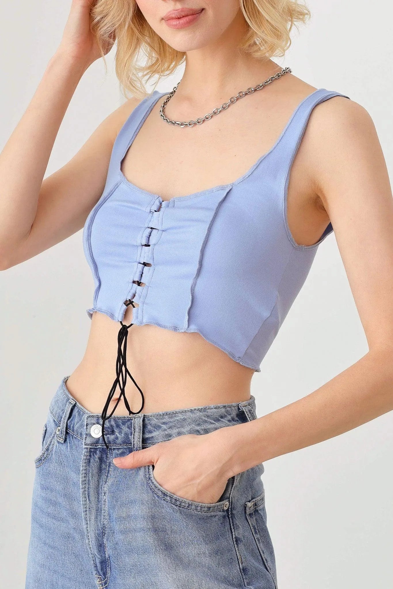 Solid Lace Up Sleeveless Round Neckline Crop Top - Tasha Apparel Wholesale