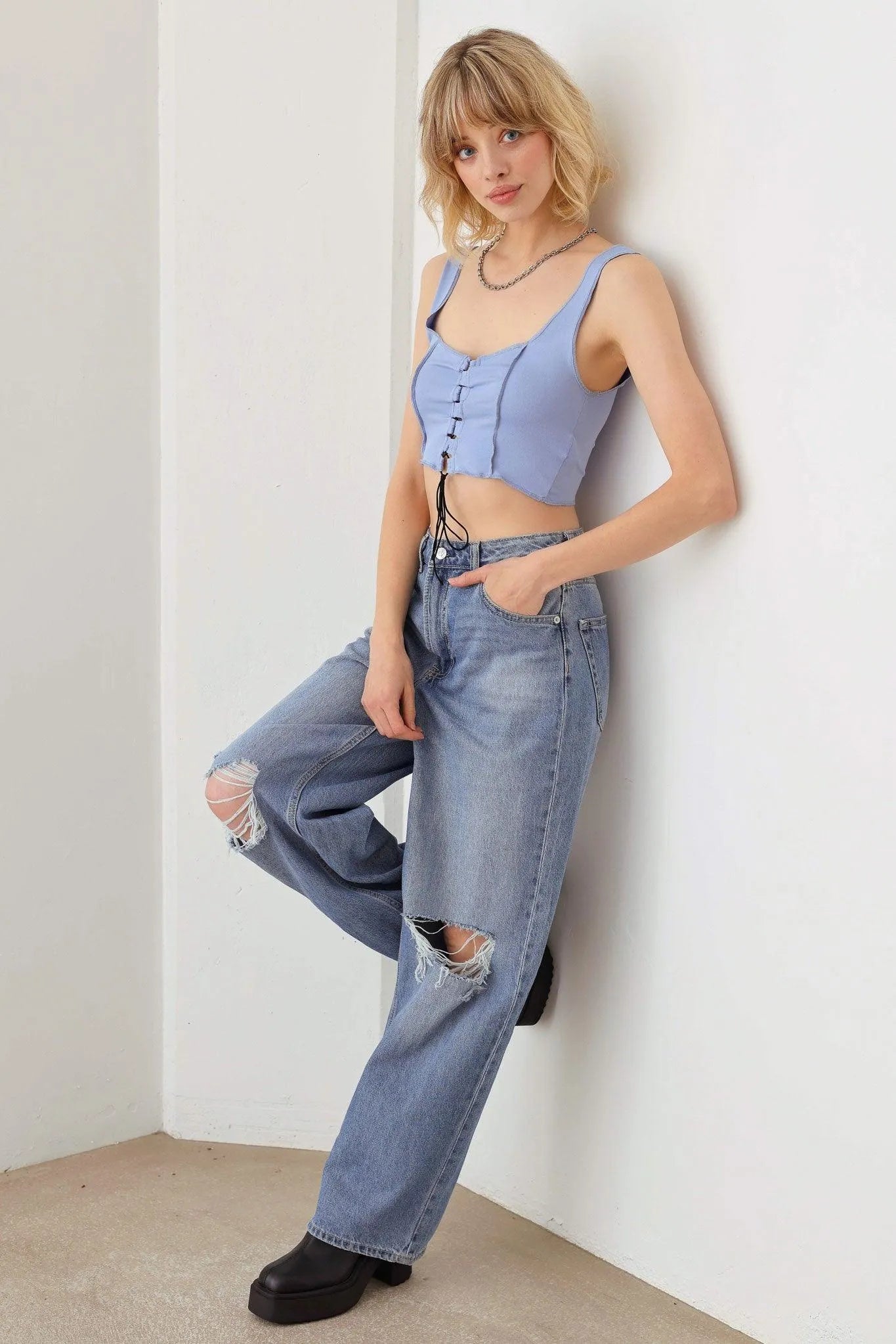 Solid Lace Up Sleeveless Round Neckline Crop Top - Tasha Apparel Wholesale