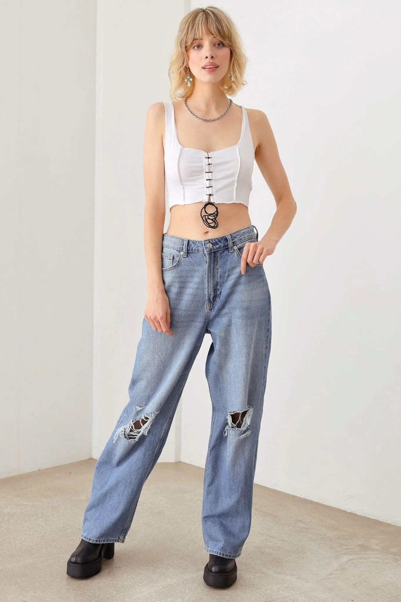 Solid Lace Up Sleeveless Round Neckline Crop Top - Tasha Apparel Wholesale