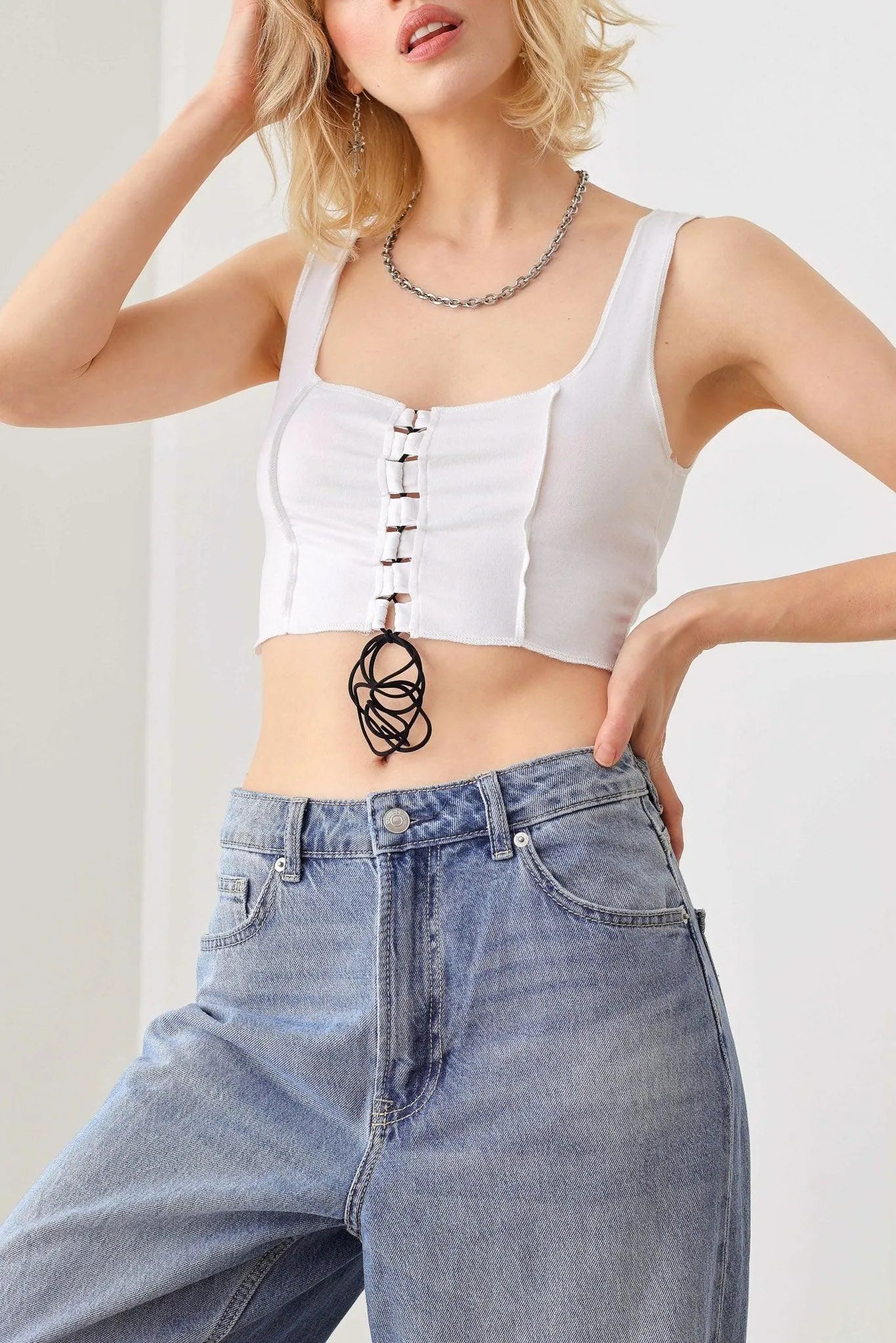 Solid Lace Up Sleeveless Round Neckline Crop Top - Tasha Apparel Wholesale