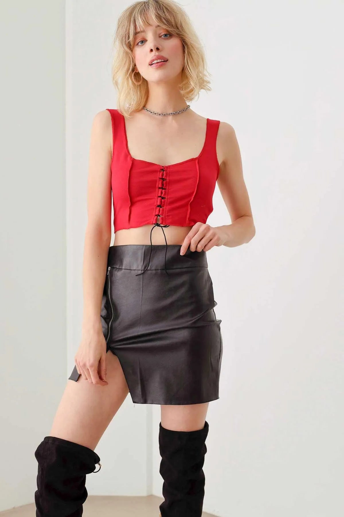 Solid Lace Up Sleeveless Round Neckline Crop Top - Tasha Apparel Wholesale