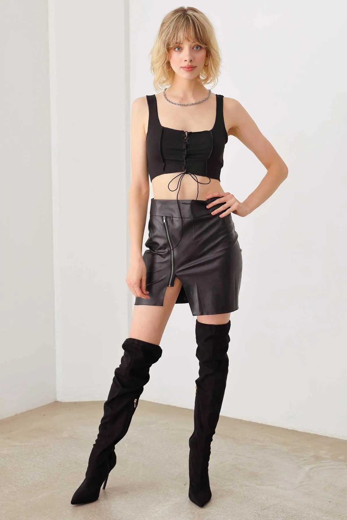 Solid Lace Up Sleeveless Round Neckline Crop Top - Tasha Apparel Wholesale