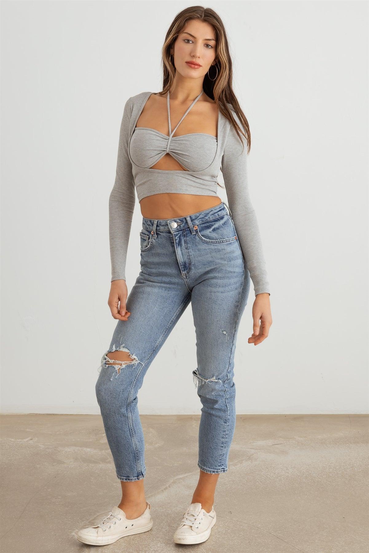 Heather Grey Ribbed Bustier Cut-Out Long Sleeve Crop Top /2-2-2