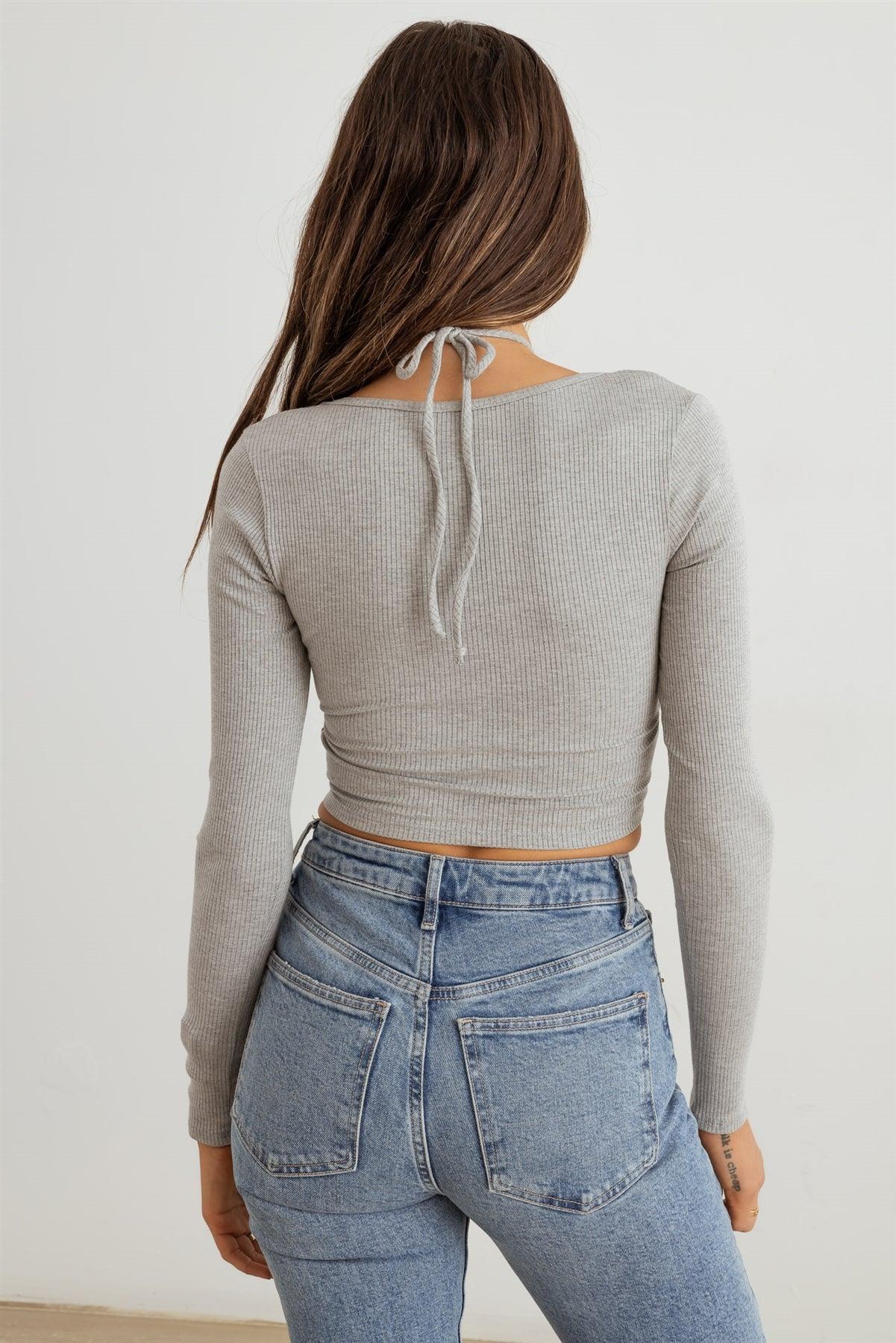 Heather Grey Ribbed Bustier Cut-Out Long Sleeve Crop Top /2-2-2