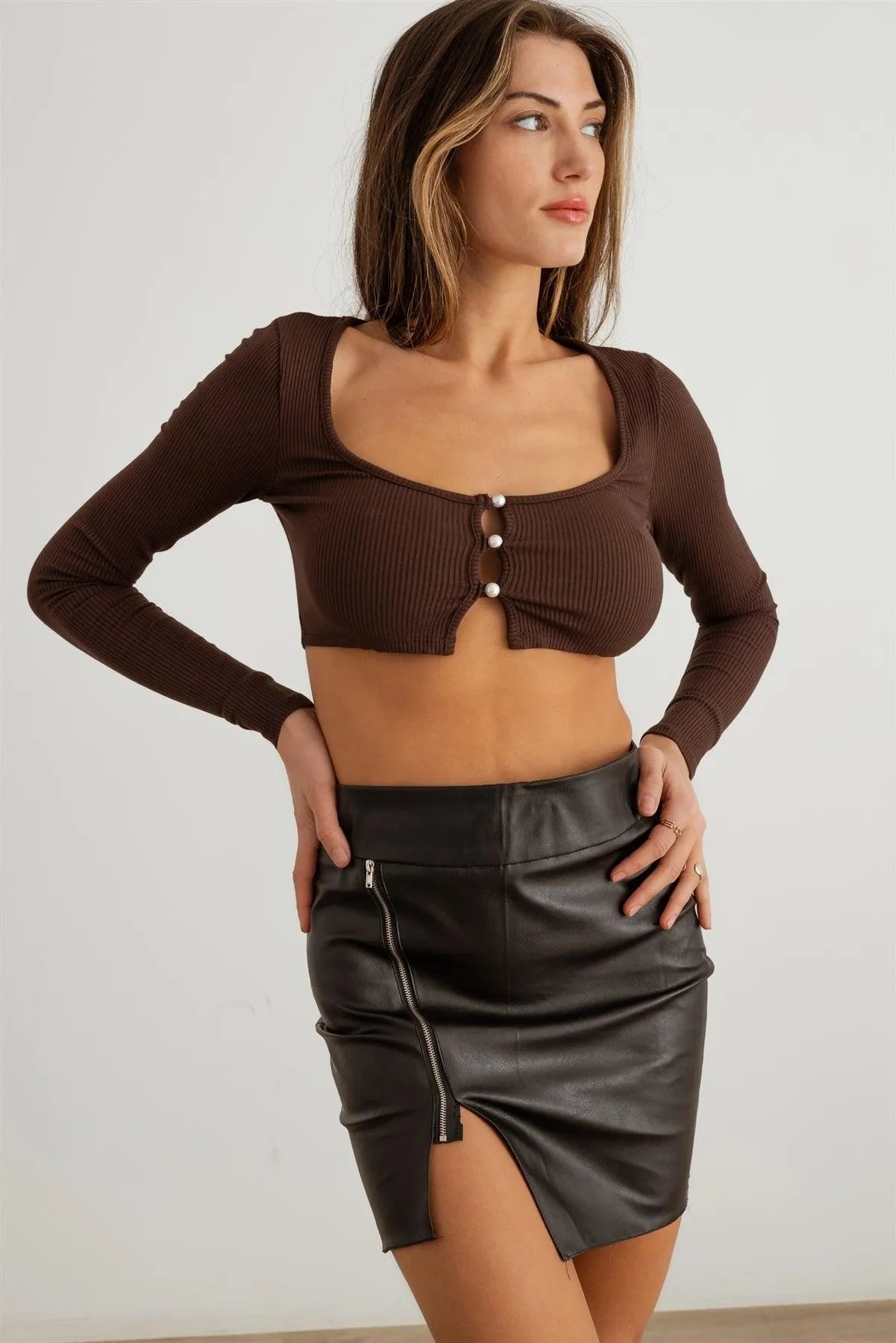 Ribbed Pearl Button-Up Long Sleeve Crop Top - Tasha Apparel Wholesale