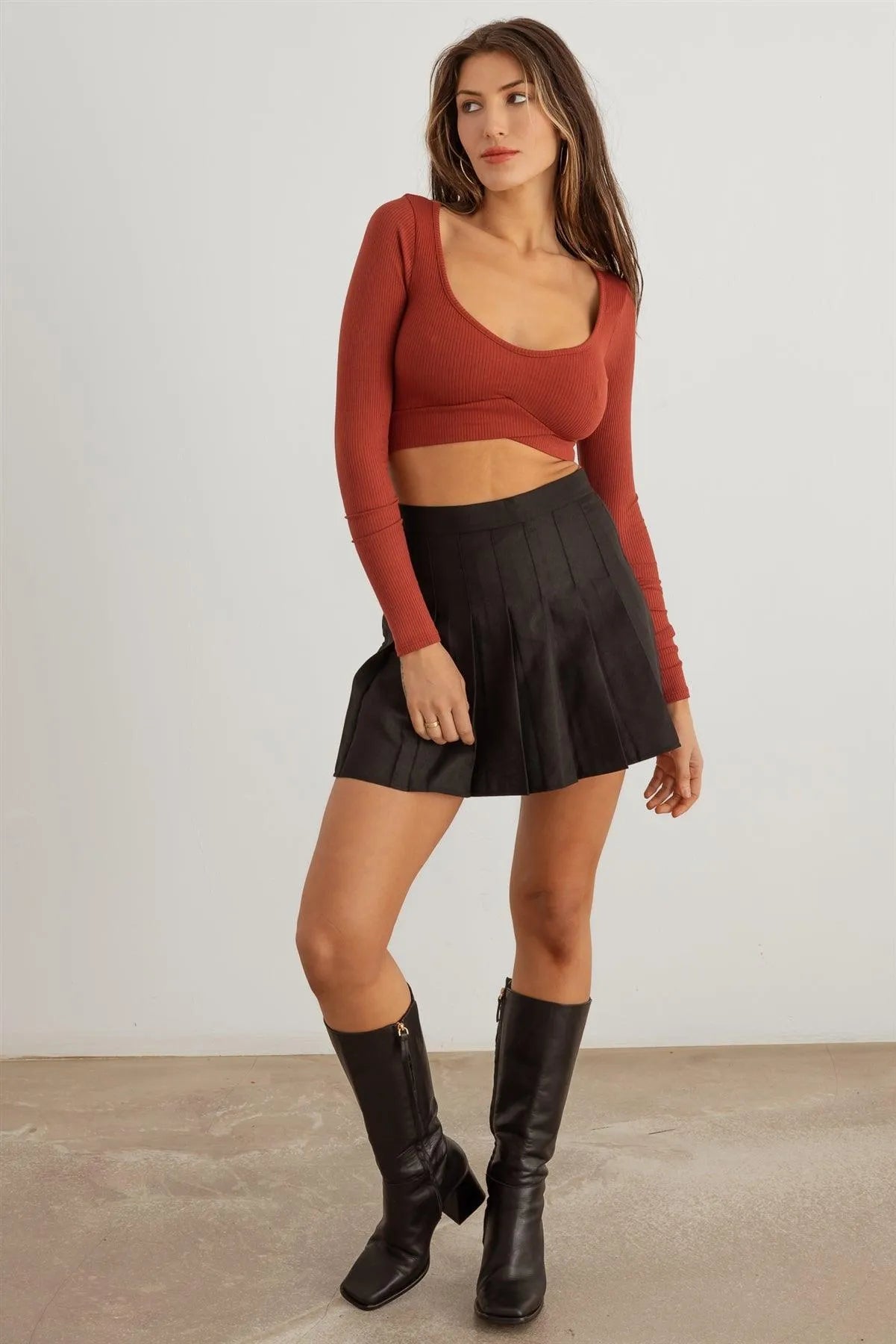 Ribbed Scoop Neck Long Sleeve Crop Top - Tasha Apparel Wholesale