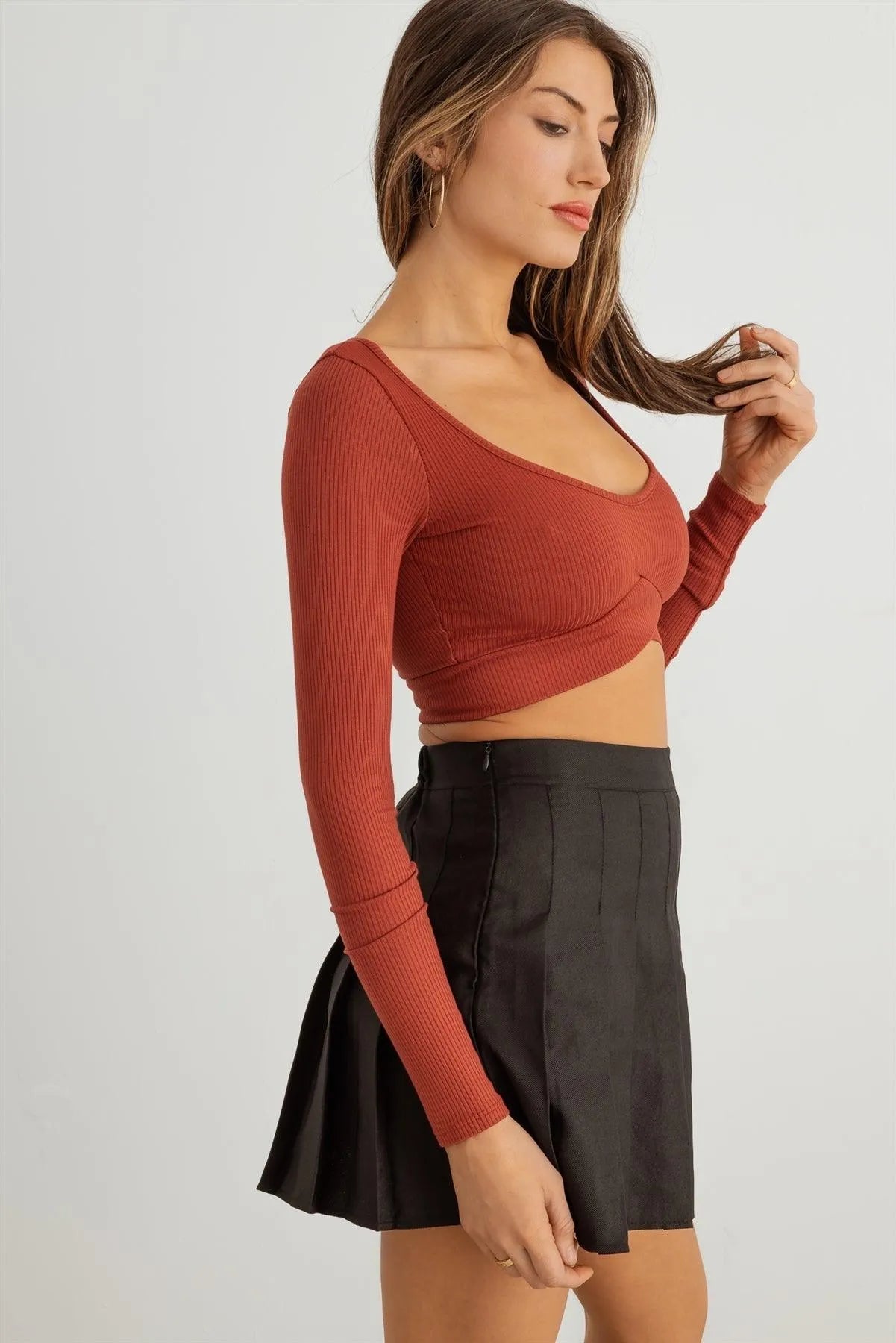 Ribbed Scoop Neck Long Sleeve Crop Top - Tasha Apparel Wholesale