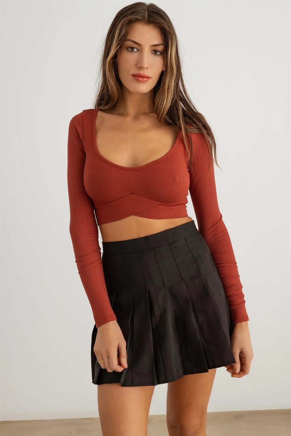 Ribbed Scoop Neck Long Sleeve Crop Top - Tasha Apparel Wholesale