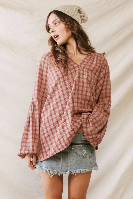 Plaid Cotton Material V-Neck Relax Top /2-2-2 - Tasha Apparel Wholesale
