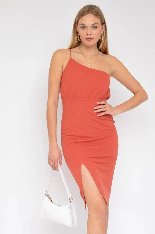 open lace back dress Wedtrend Women Elegant Bridesmaid Dress with Slit Mermaid One Shoulder Pleated Backless Wedding Party Guest Dress, Terracotta / US8
