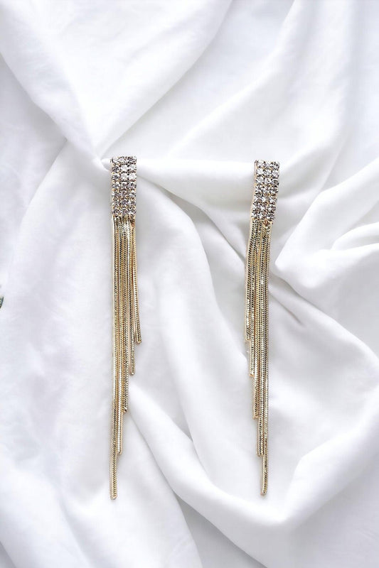 Gold Faux Diamonds Incrustation Uneven Snake Chain Tassel Drop Earrings