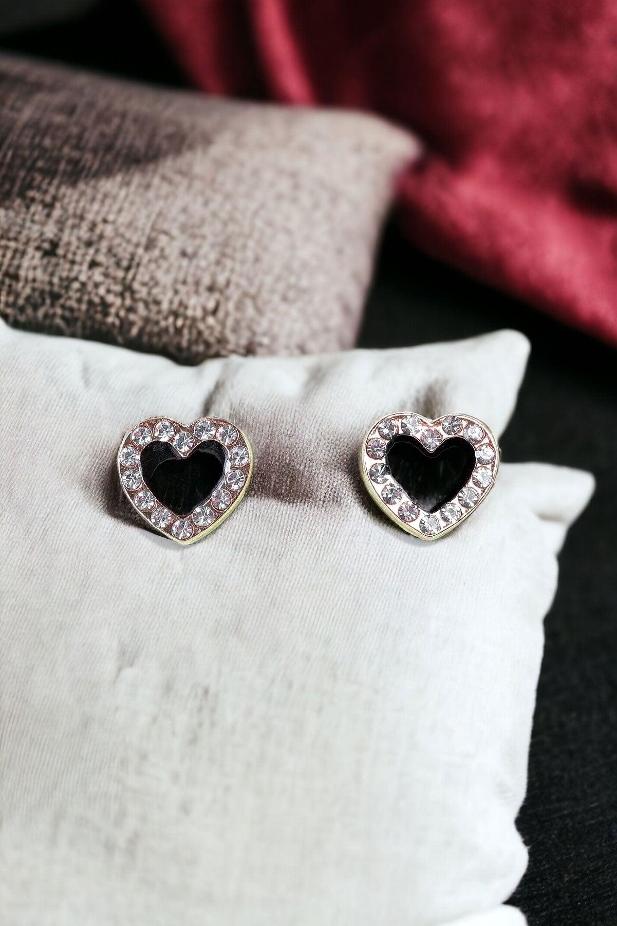 Small Gold Black Faux Diamonds Incrustation Heart Shaped Stud Earrings 1