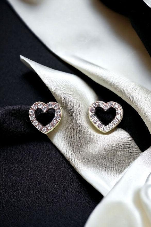 Small Gold Black Faux Diamonds Incrustation Heart Shaped Stud Earrings 2