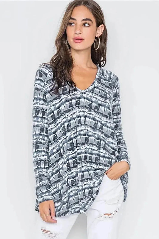 Modern Gray Tie-Dye V-Neck Relaxed Fit Long Sleeve Top - Tasha Apparel Wholesale