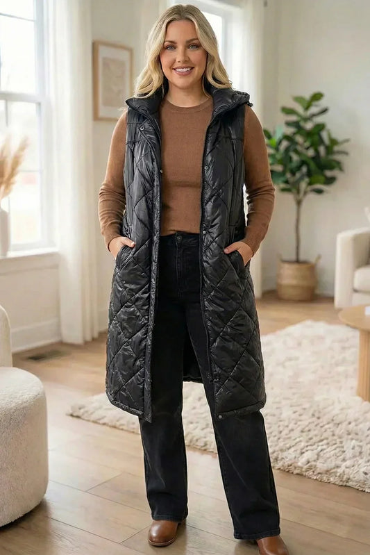 Plus Size Longline Quilted Puffer Vest Black Sleeveless Hooded Winter Jacket - Tasha Apparel Wholesale