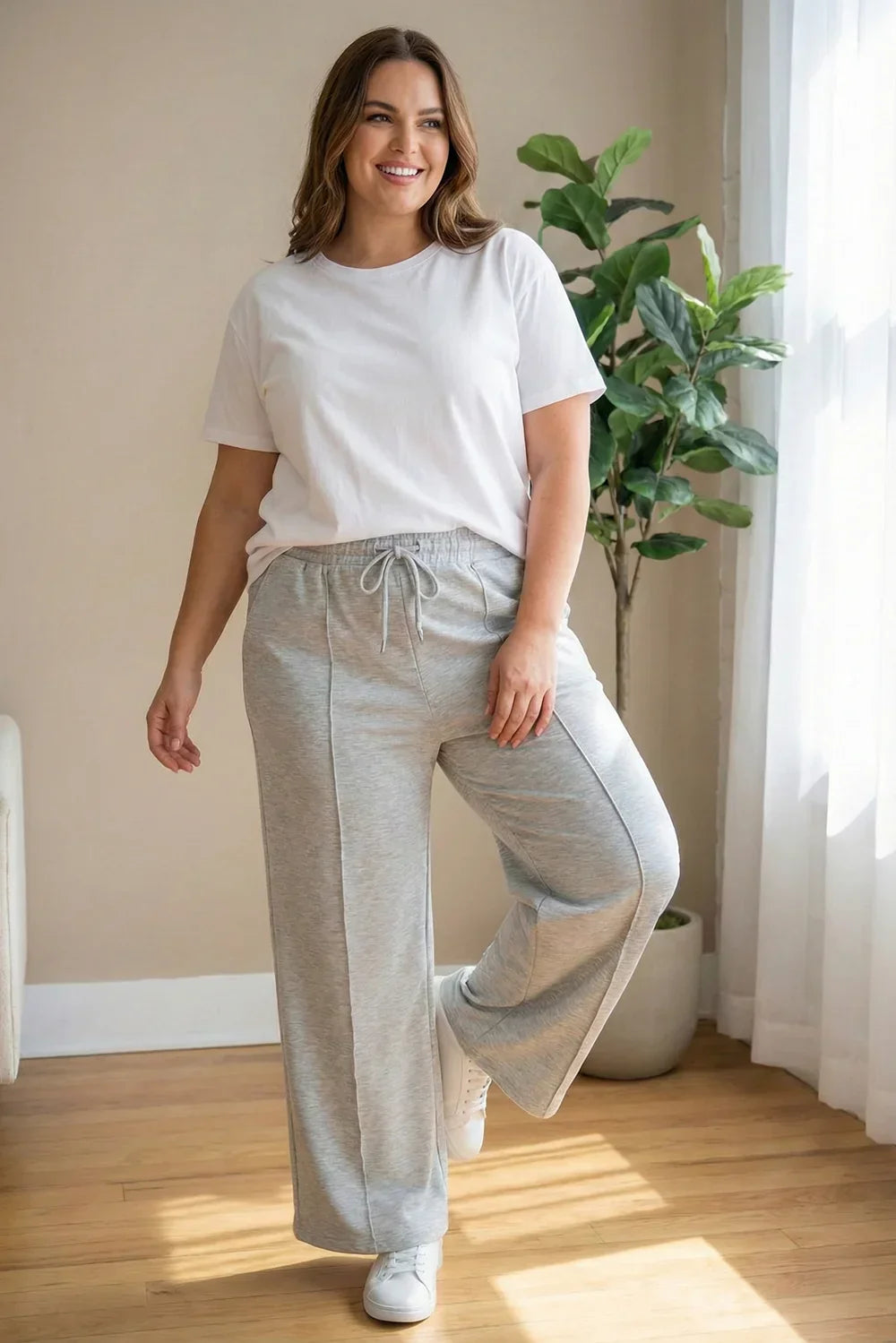 Plus Size Heather Grey Wide Leg Elastic Waist Lounge Pants - Tasha Apparel Wholesale