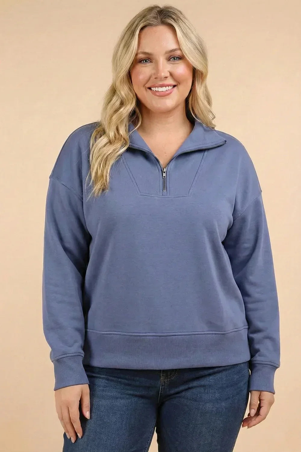 Plus Size Relaxed Half-Zip Oversized Pullover Hoodie in Light Navy Sweatshirt - Tasha Apparel Wholesale