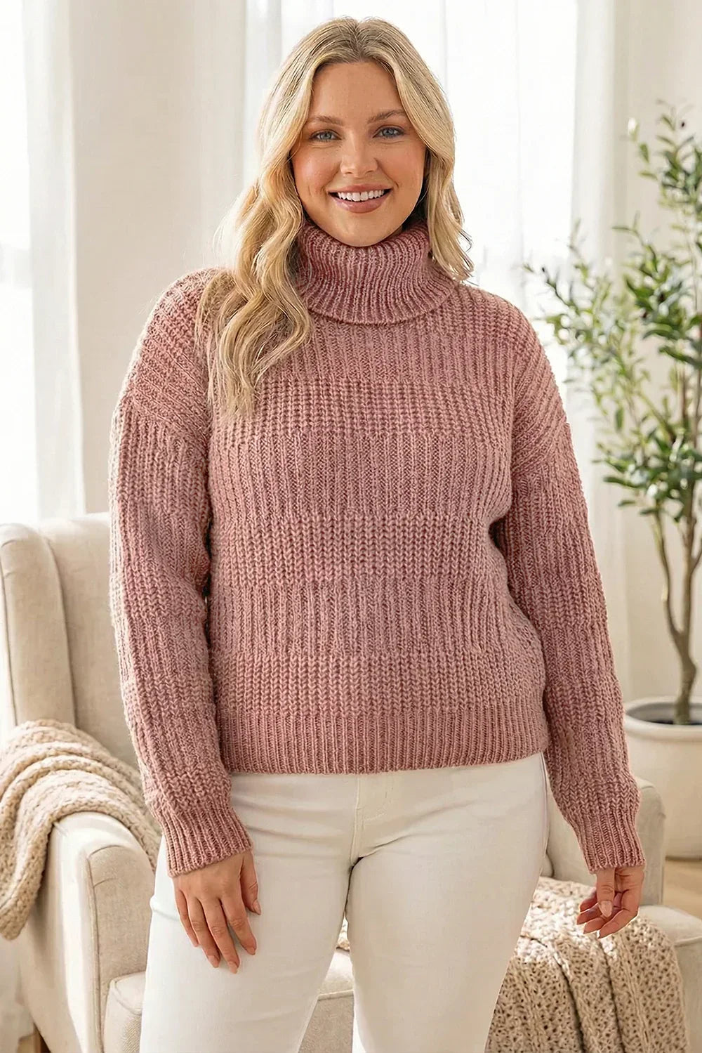 Plus Size Chunky Knit Turtleneck Textured Stripe Cozy Mauve Fall Winter Sweater - Tasha Apparel Wholesale