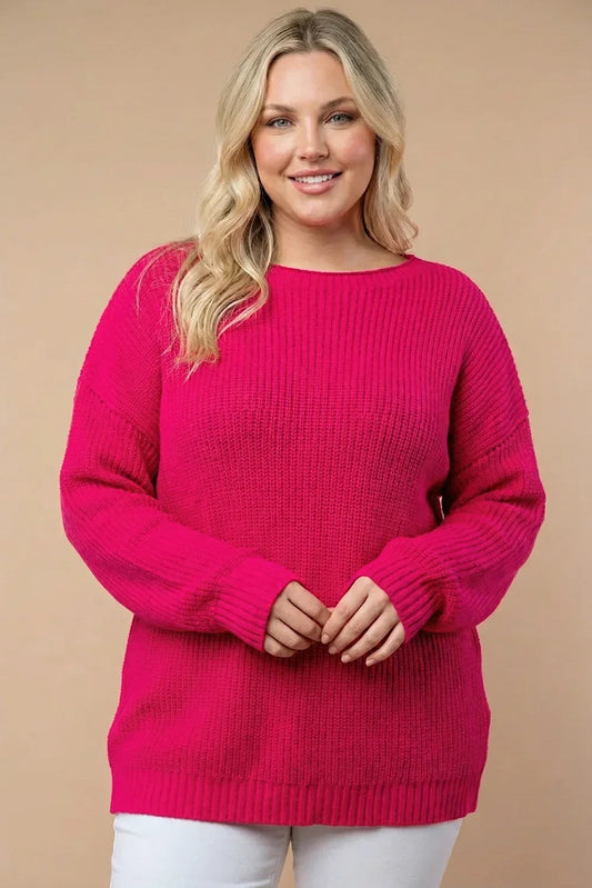 Plus Size Chunky Knit Boat Neck Ribbed Berry Pink Oversized Fall Winter Sweater - Tasha Apparel Wholesale
