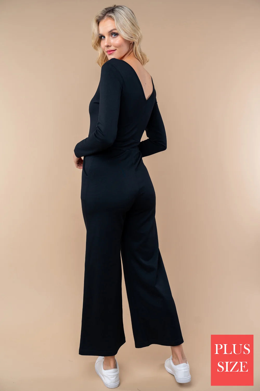 Plus Size Wide Leg V-Neck Long Sleeve Boutique Casual Jumpsuit - Tasha Apparel Wholesale