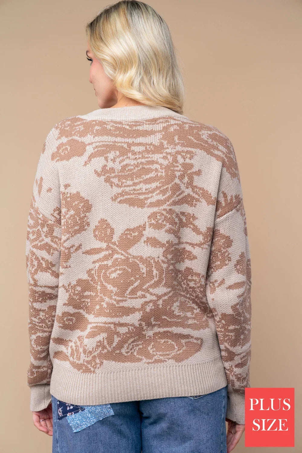 T10291P Plus Size Taupe Floral Print Crew Neck Long Sleeve Cozy Boutique Knit Sweater - Tasha Apparel Wholesale