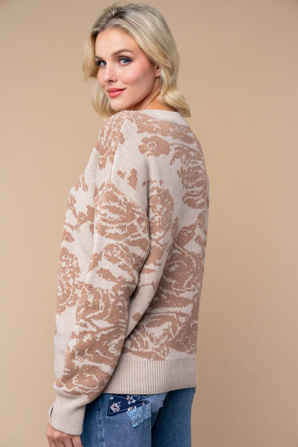 T10291P Plus Size Taupe Floral Print Crew Neck Long Sleeve Cozy Boutique Knit Sweater - Tasha Apparel Wholesale