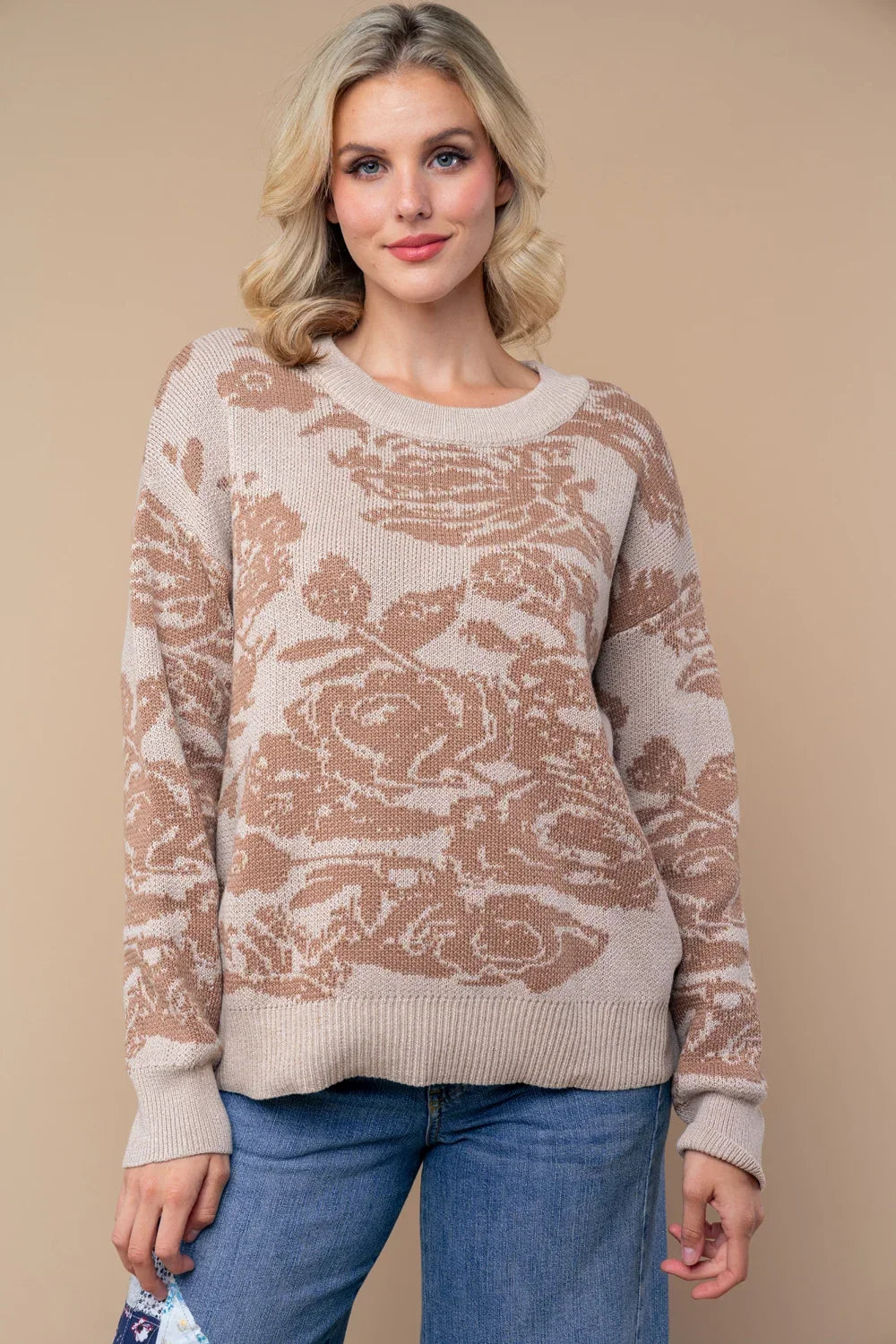 T10291P Plus Size Taupe Floral Print Crew Neck Long Sleeve Cozy Boutique Knit Sweater - Tasha Apparel Wholesale