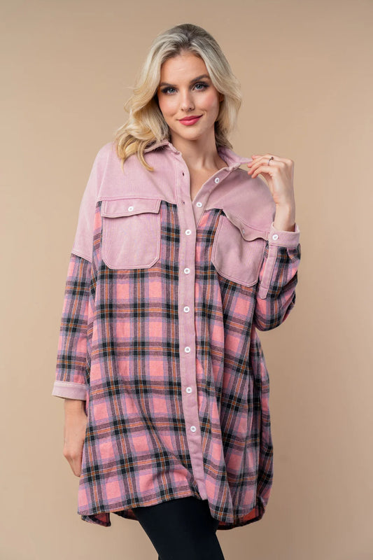Mauve Pink Plaid Oversized Relaxed Fit Color Block Button Down Shirt Shacket - Tasha Apparel Wholesale