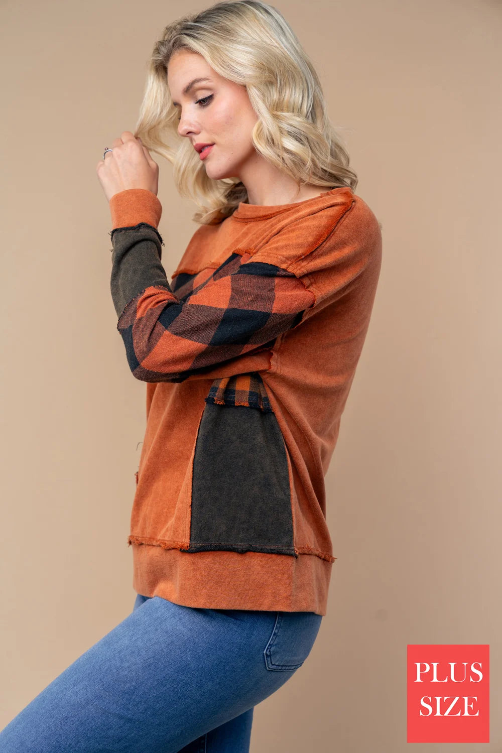 Plus Size Buffalo Plaid Color Block Pullover Sweatshirt Rust Orange Casual Top - Tasha Apparel Wholesale
