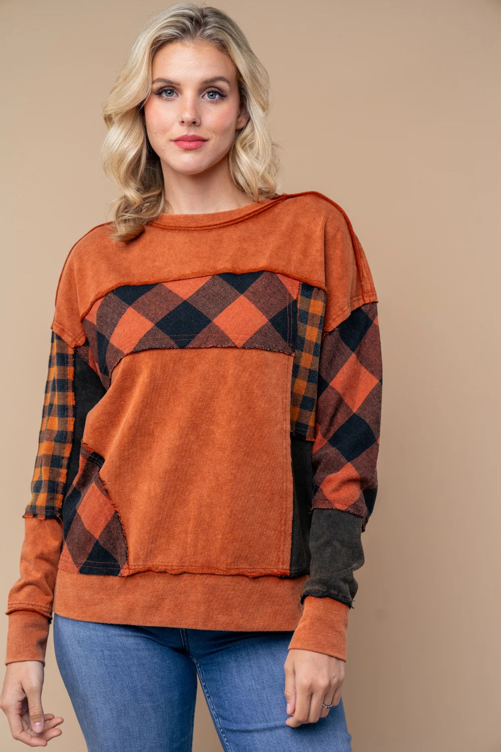 Plus Size Buffalo Plaid Color Block Pullover Sweatshirt Rust Orange Casual Top - Tasha Apparel Wholesale