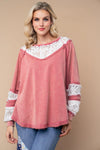 Marsala Pink White Crochet Lace Trim Boho Relaxed Fit Long Sleeve Pullover Top