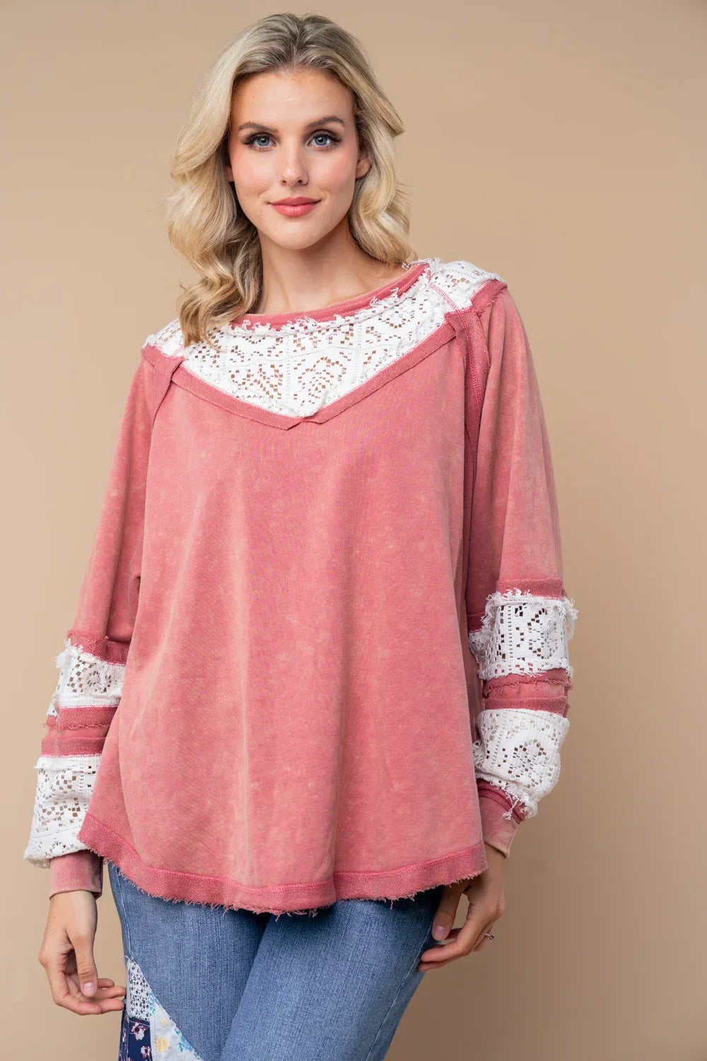 Marsala Pink White Crochet Lace Trim Boho Relaxed Fit Long Sleeve Pullover Top - Tasha Apparel Wholesale