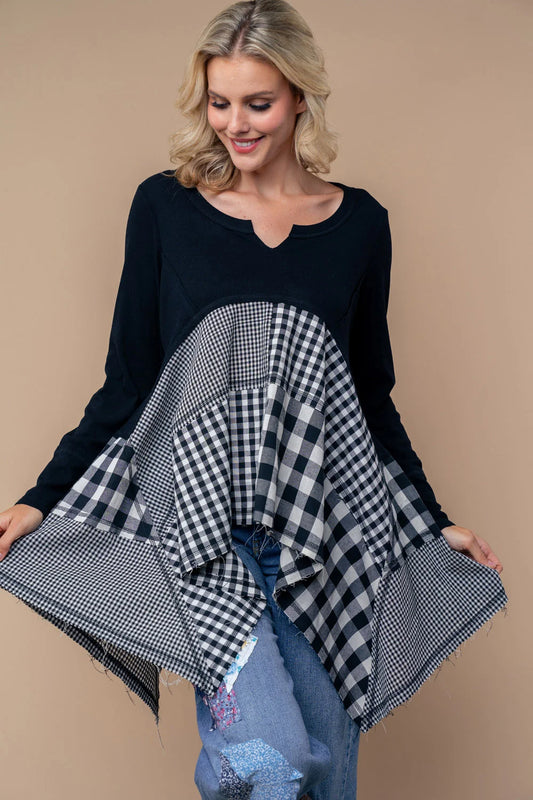 Mixed Gingham Plaid Asymmetrical Hem Color Block Long Sleeve Tunic Top - Tasha Apparel Wholesale