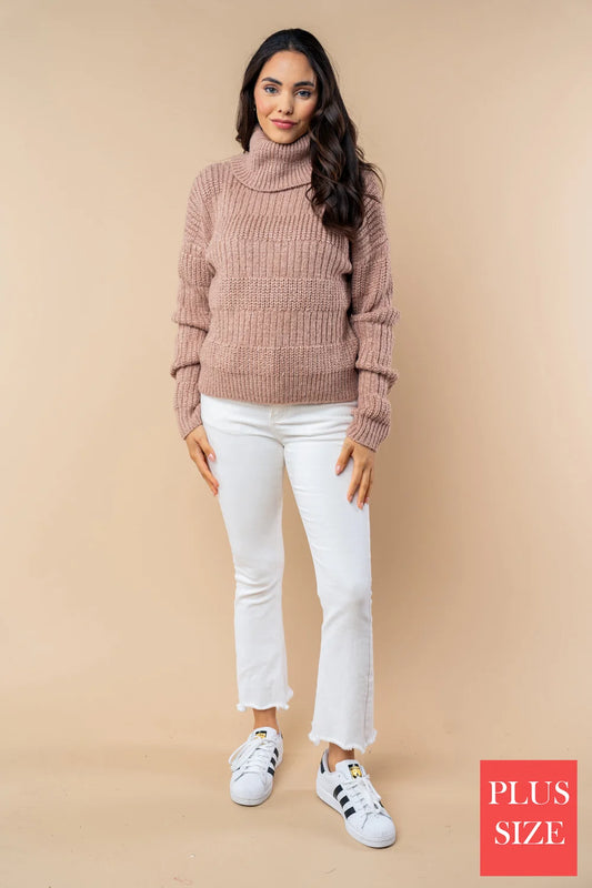 Plus Size Chunky Knit Turtleneck Textured Stripe Cozy Mauve Fall Winter Sweater - Tasha Apparel Wholesale