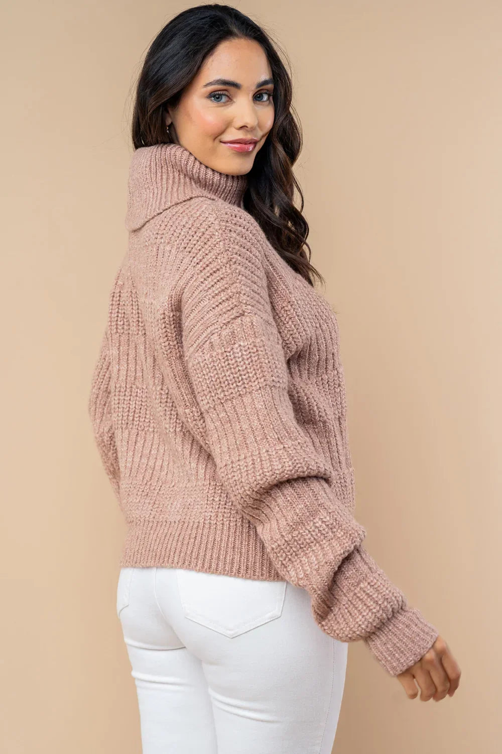 Plus Size Chunky Knit Turtleneck Textured Stripe Cozy Mauve Fall Winter Sweater - Tasha Apparel Wholesale