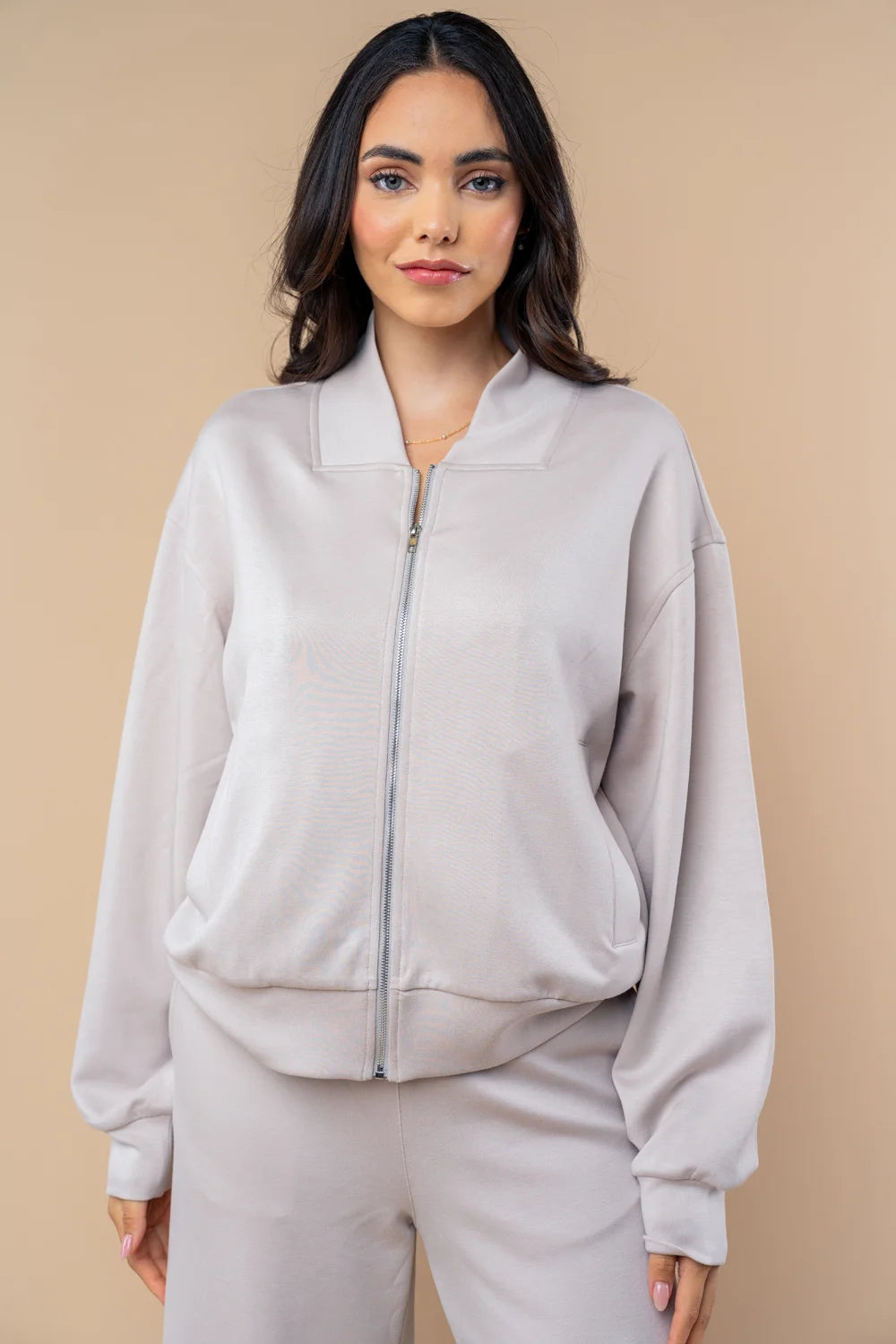 Stone French Terry Zip-Up Jacket & Wide Leg Pants Relaxed Lounge Set