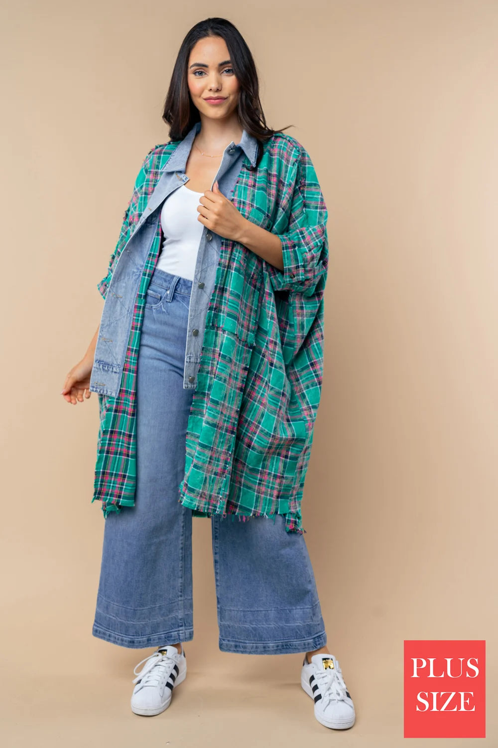 Plus Size Green Plaid Oversized Boutique Casual Layering Shacket - Tasha Apparel Wholesale