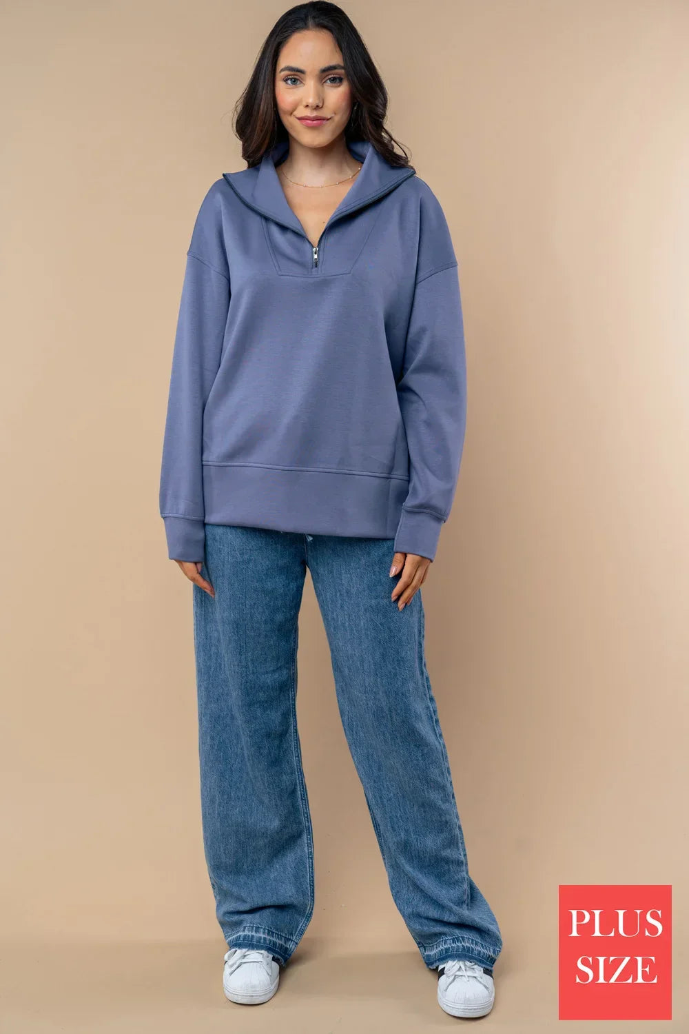 Plus Size Relaxed Half-Zip Oversized Pullover Hoodie in Light Navy Sweatshirt - Tasha Apparel Wholesale
