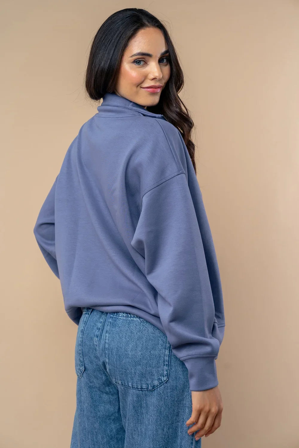 Plus Size Relaxed Half-Zip Oversized Pullover Hoodie in Light Navy Sweatshirt - Tasha Apparel Wholesale