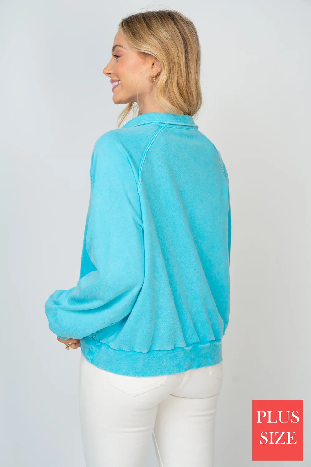 Plus Size Mineral Wash Collared Button Detail Relaxed Fit Pullover Sweatshirt Top - Tasha Apparel Wholesale