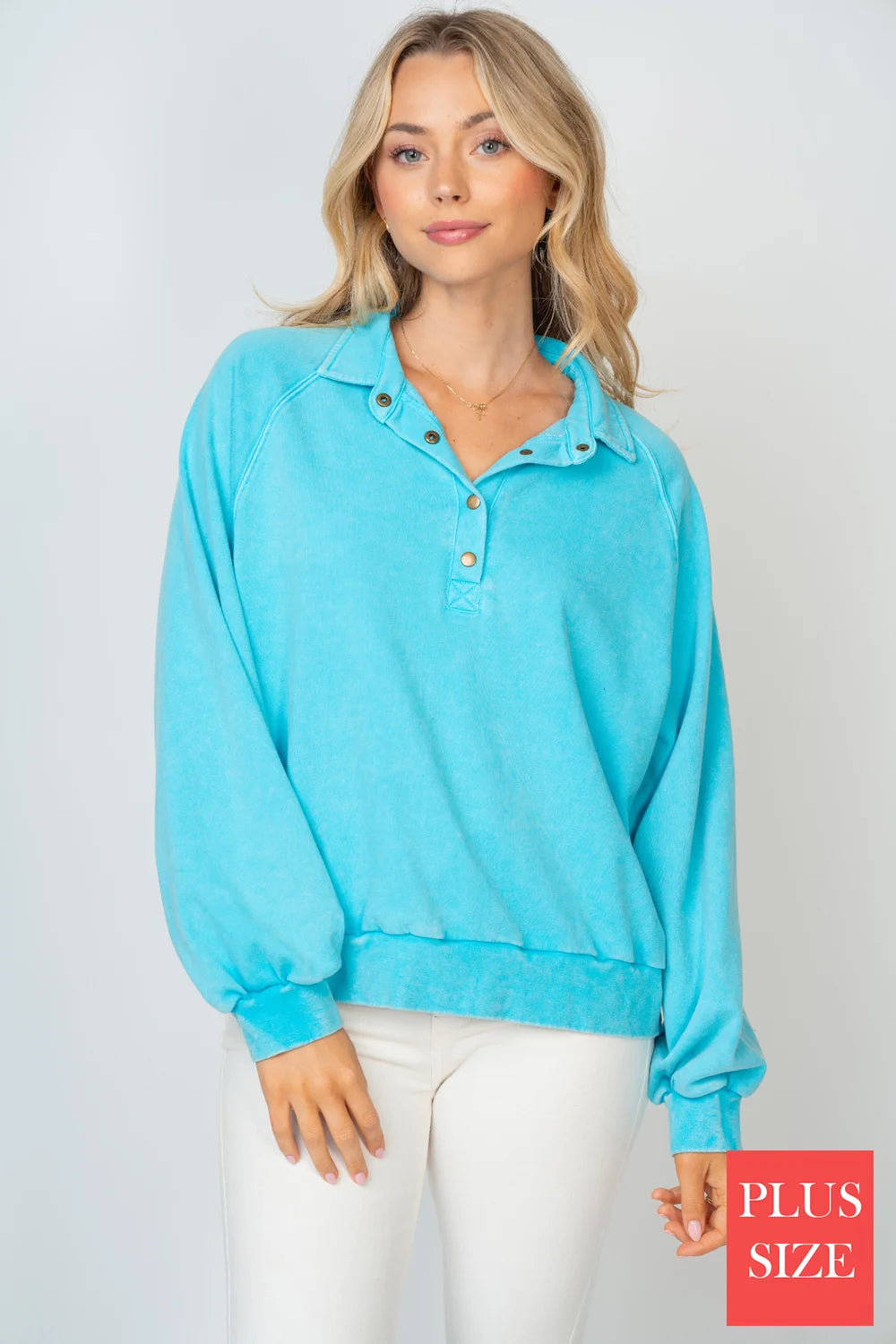 Plus Size Mineral Wash Collared Button Detail Relaxed Fit Pullover Sweatshirt Top - Tasha Apparel Wholesale