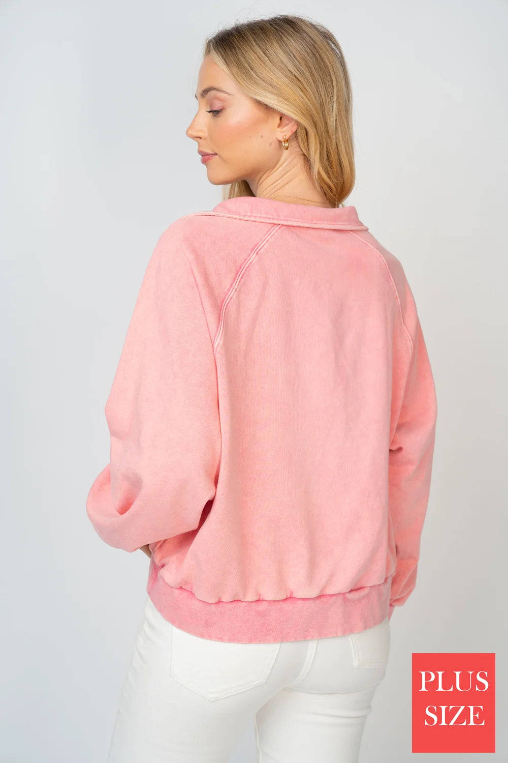 Plus Size Mineral Wash Collared Button Detail Relaxed Fit Pullover Sweatshirt Top - Tasha Apparel Wholesale