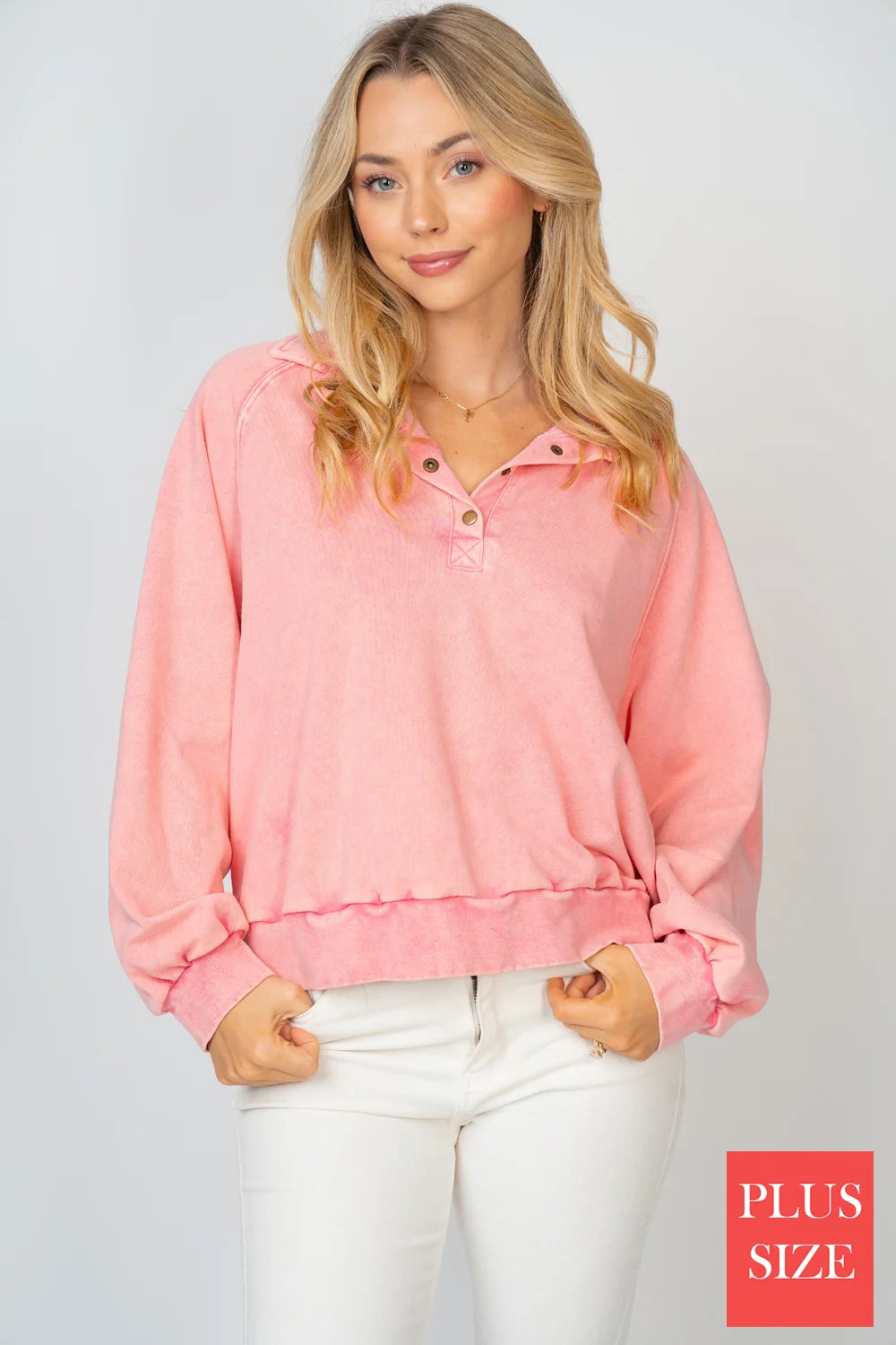 Plus Size Mineral Wash Collared Button Detail Relaxed Fit Pullover Sweatshirt Top - Tasha Apparel Wholesale