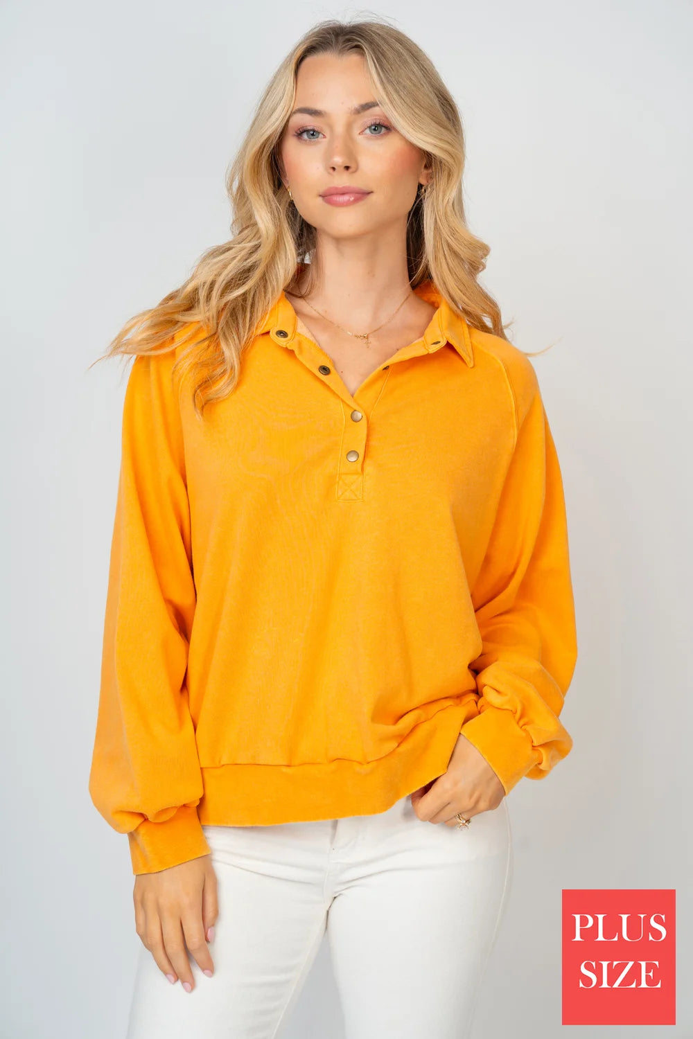 Plus Size Mineral Wash Collared Button Detail Relaxed Fit Pullover Sweatshirt Top - Tasha Apparel Wholesale