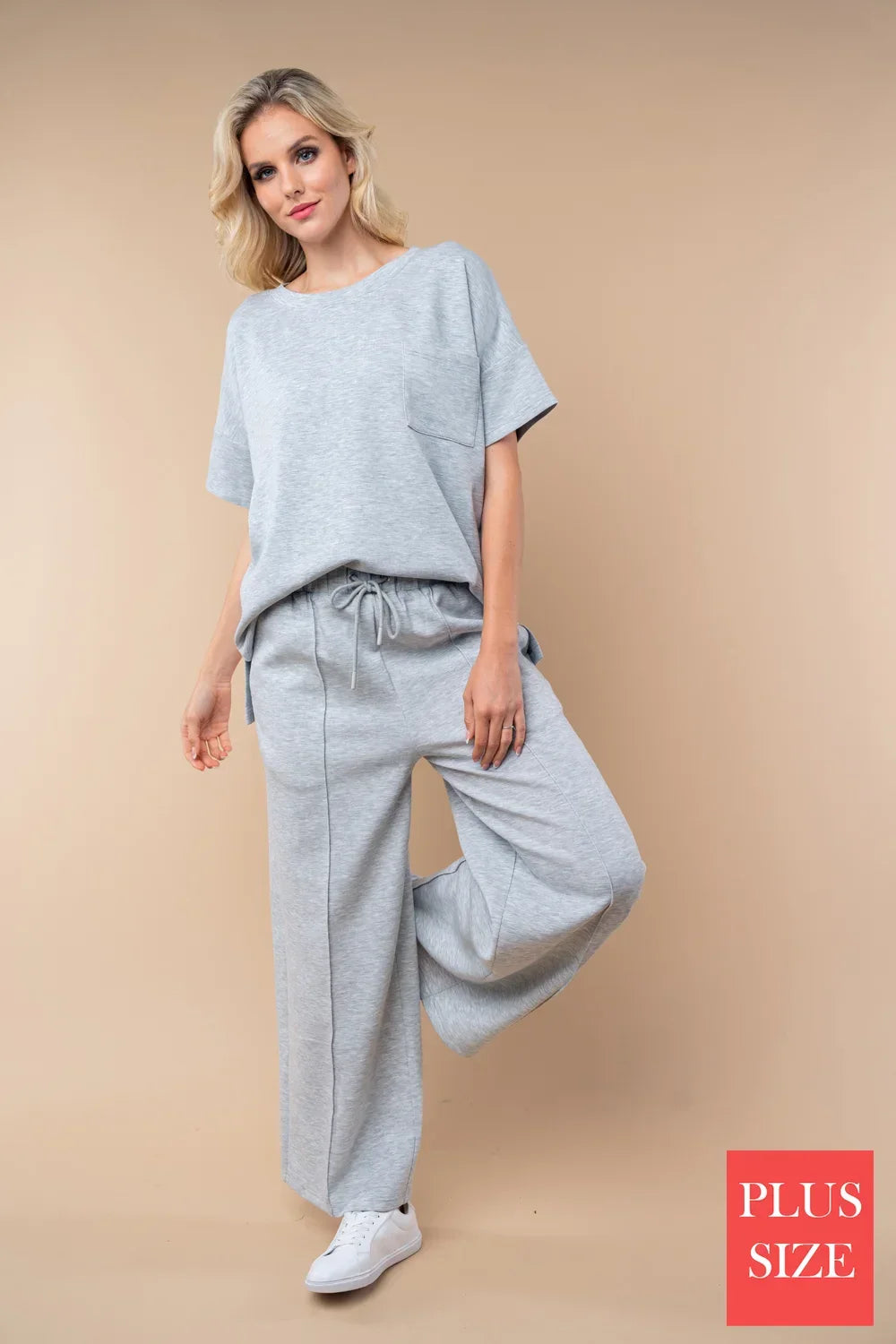 Plus Size Heather Grey Wide Leg Elastic Waist Lounge Pants - Tasha Apparel Wholesale