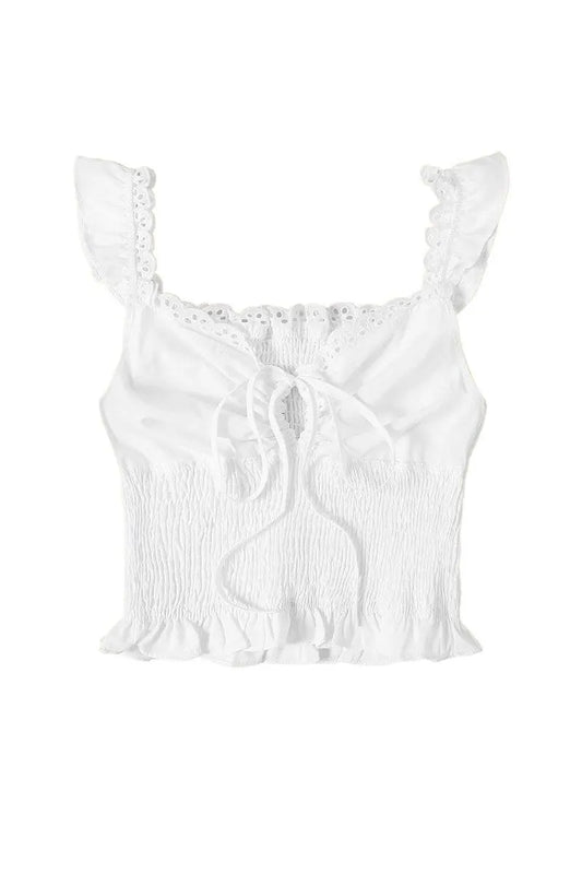 White Sleeveless Frill Trim Round Neck Relaxed Cami Top - Tasha Apparel Wholesale